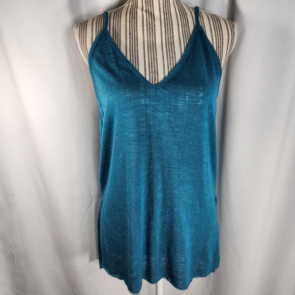 Project Social T Blue Plunging Back Sleeveless Hi-Low Hem Sweater Top Sz Medium - Picture 1 of 8